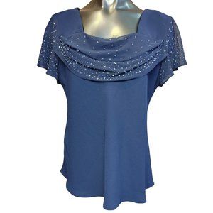 S.L.Fashions Women's Navy Blue Short Sleeve Scoop Scarf Beaded Neck Top 18